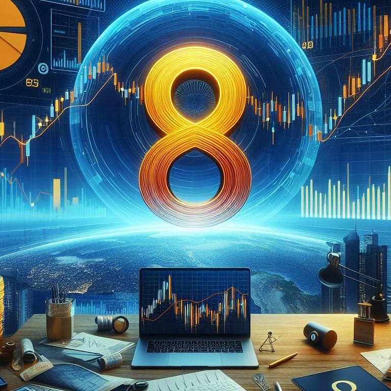 big number 8 with charts and graph